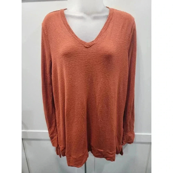 Adrianna Papell Top Womens Medium Burnt Orange Texture V Neck Long Sleeve - Picture 1 of 5